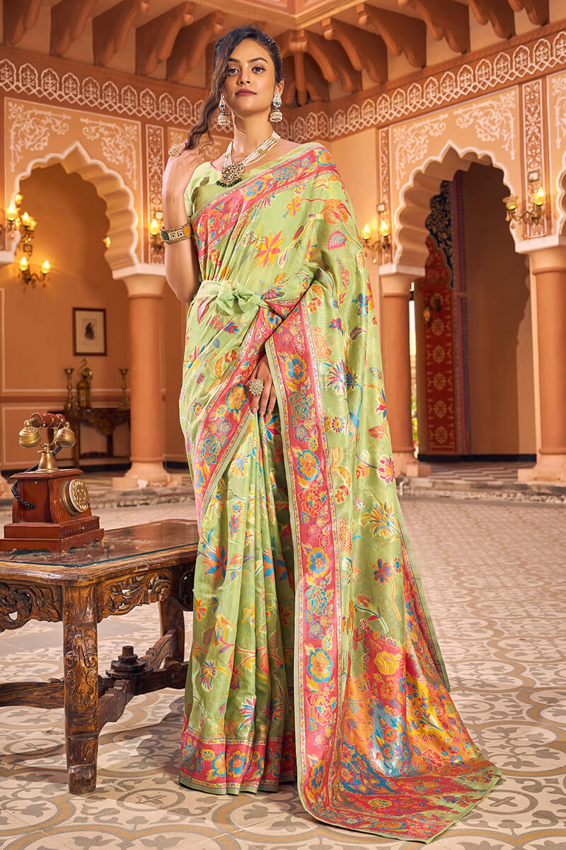 Divine Pista Linen Silk Saree With Majestic Blouse Piece