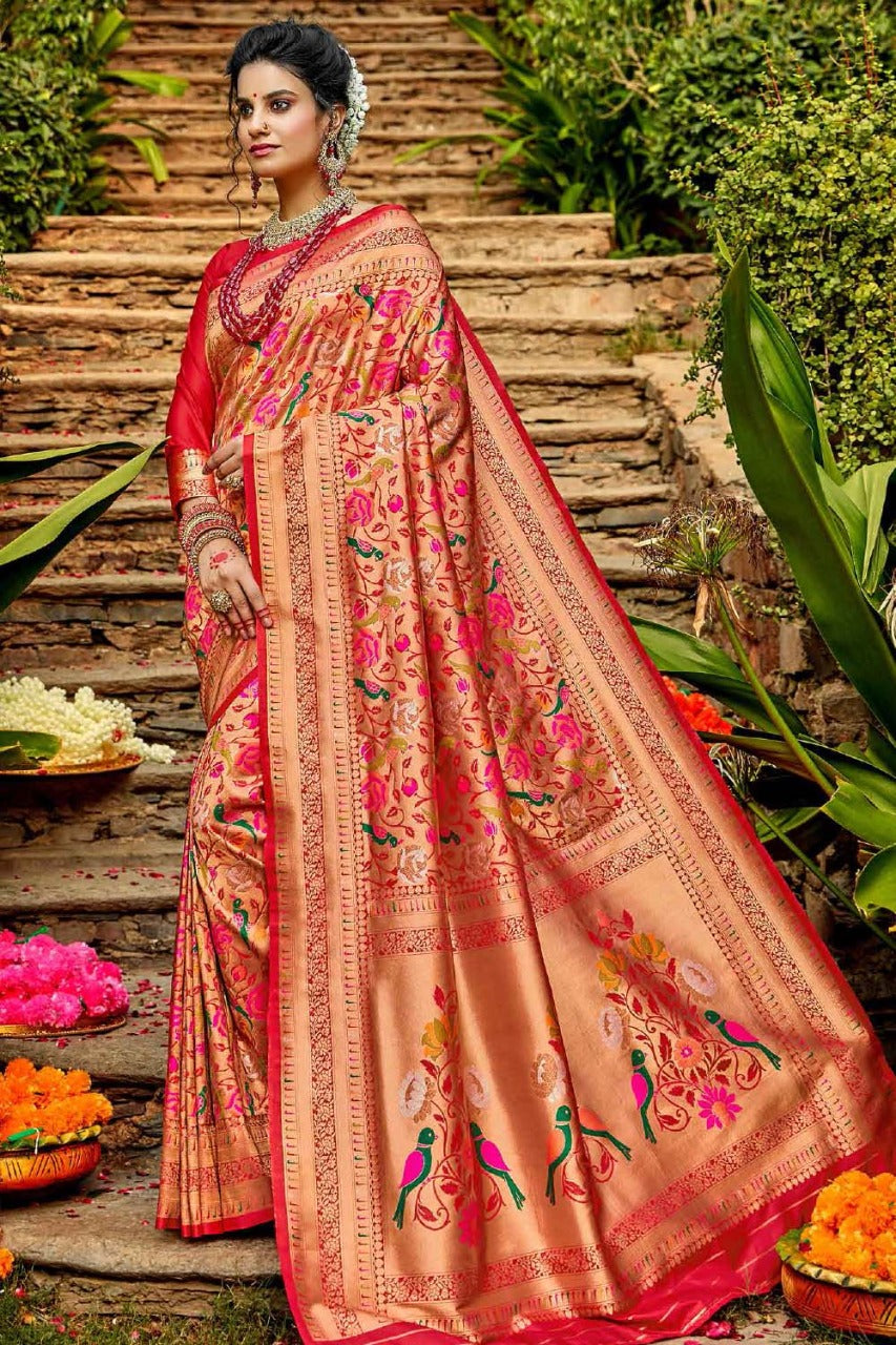 Dissemble Red Paithani Silk Saree With Quixotic Blouse Piece