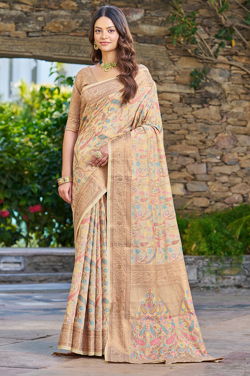 Classy Beige Pashmina saree With Inimitable Blouse Piece