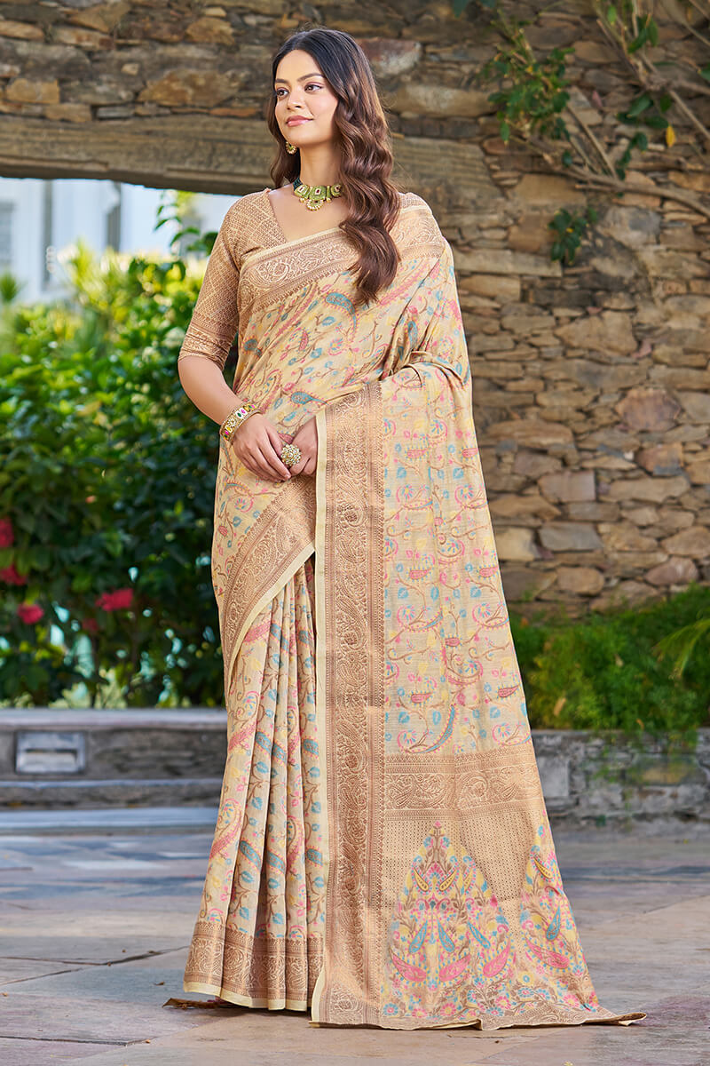 Classy Beige Pashmina saree With Inimitable Blouse Piece