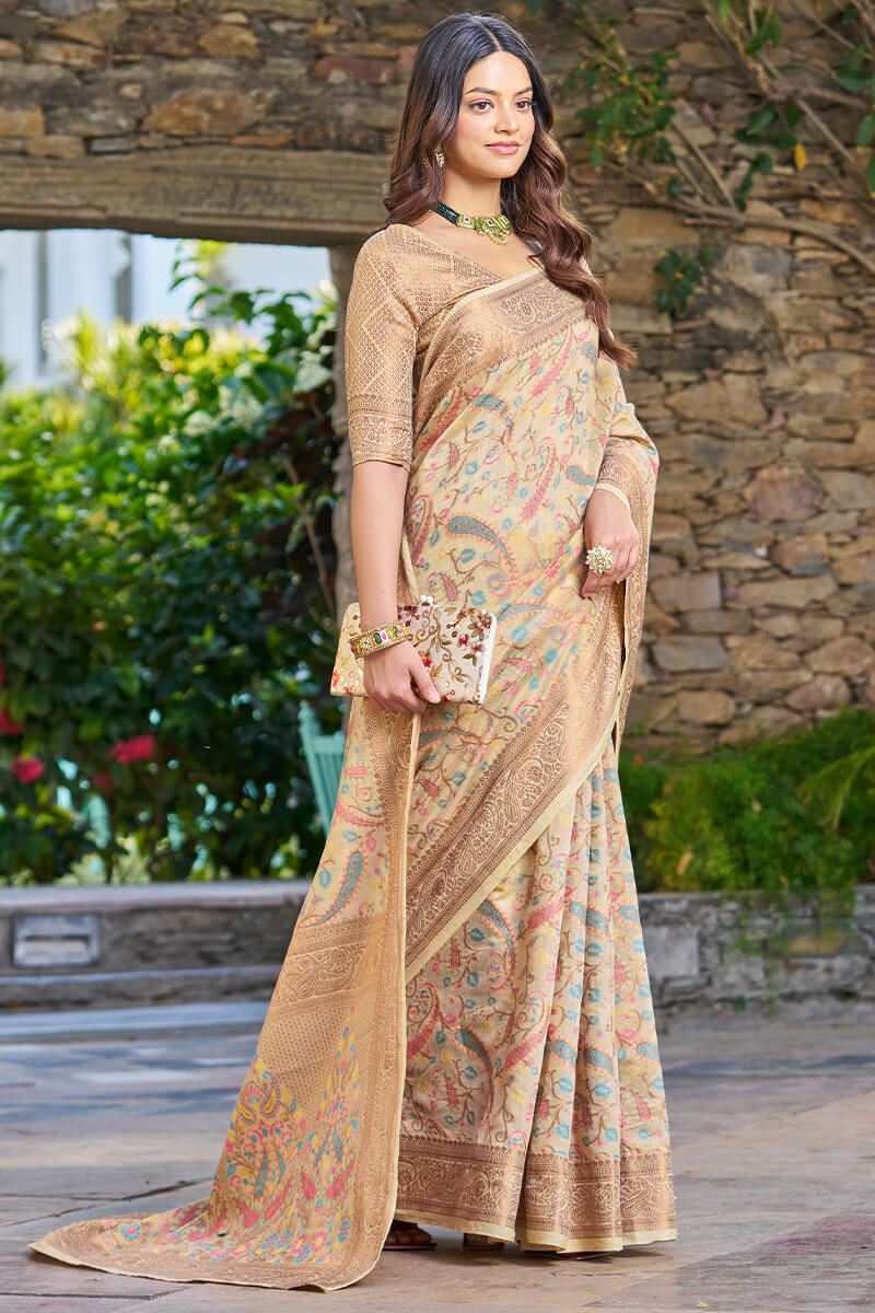 Classy Beige Pashmina saree With Inimitable Blouse Piece