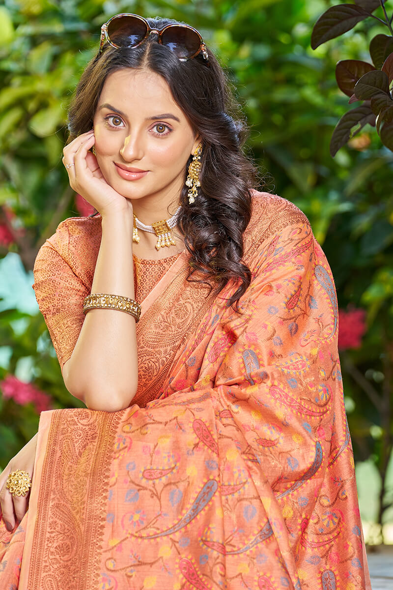 Pretty Orange Pashmina saree With Ineffable Blouse Piece