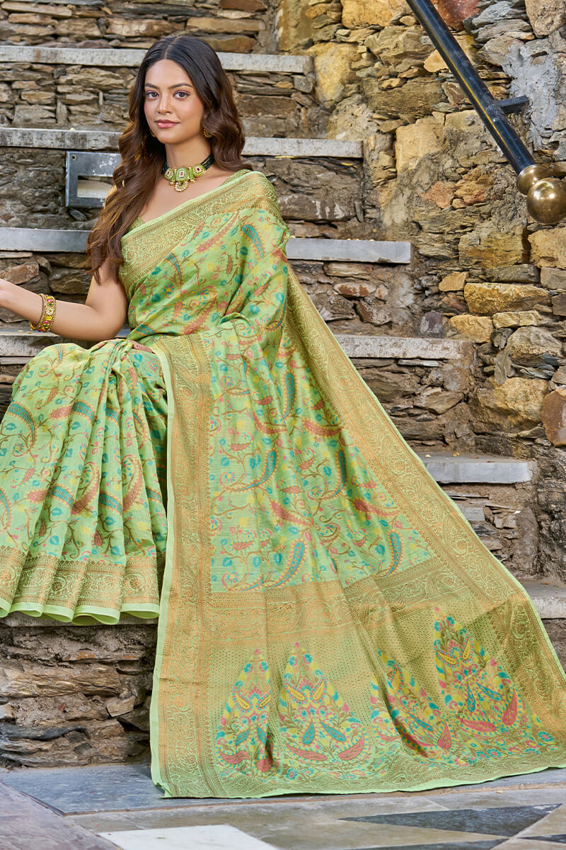 Flattering Pista Pashmina saree With Ravishing Blouse Piece