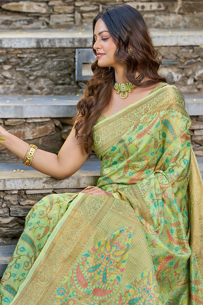 Flattering Pista Pashmina saree With Ravishing Blouse Piece