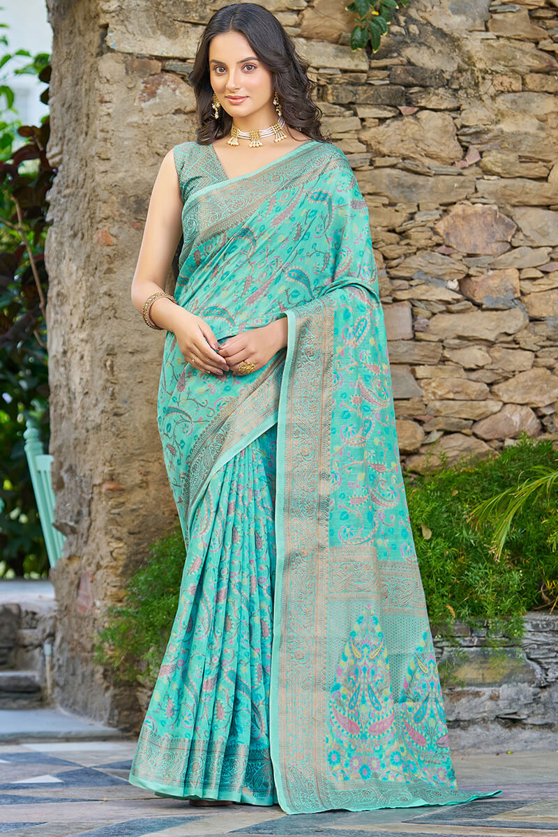 Elegant Turquoise Pashmina saree With Luminous Blouse Piece