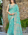 Elegant Turquoise Pashmina saree With Luminous Blouse Piece