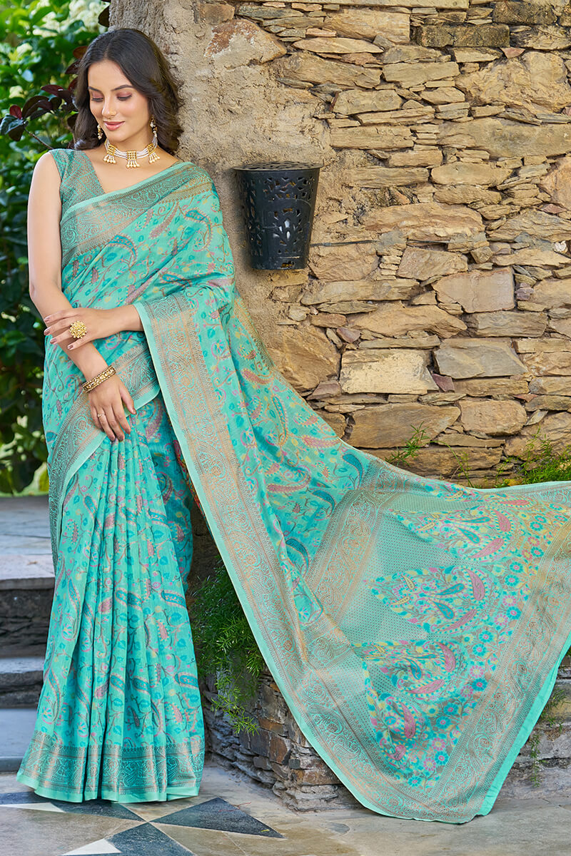 Elegant Turquoise Pashmina saree With Luminous Blouse Piece