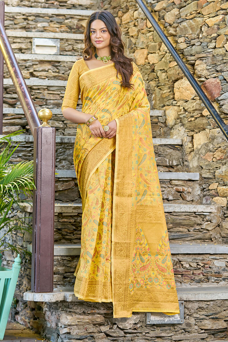 Innovative Yellow Pashmina saree With Lustrous Blouse Piece