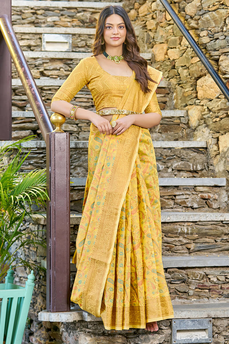 Innovative Yellow Pashmina saree With Lustrous Blouse Piece