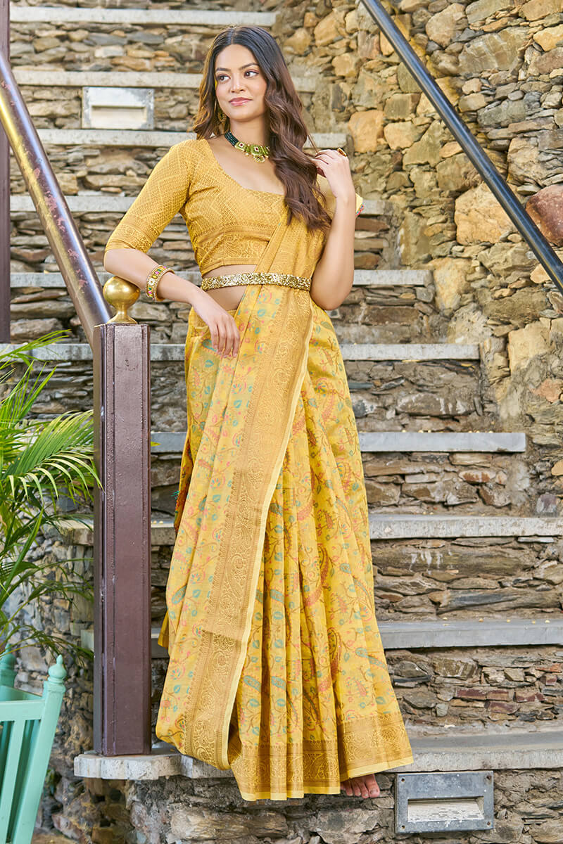 Innovative Yellow Pashmina saree With Lustrous Blouse Piece