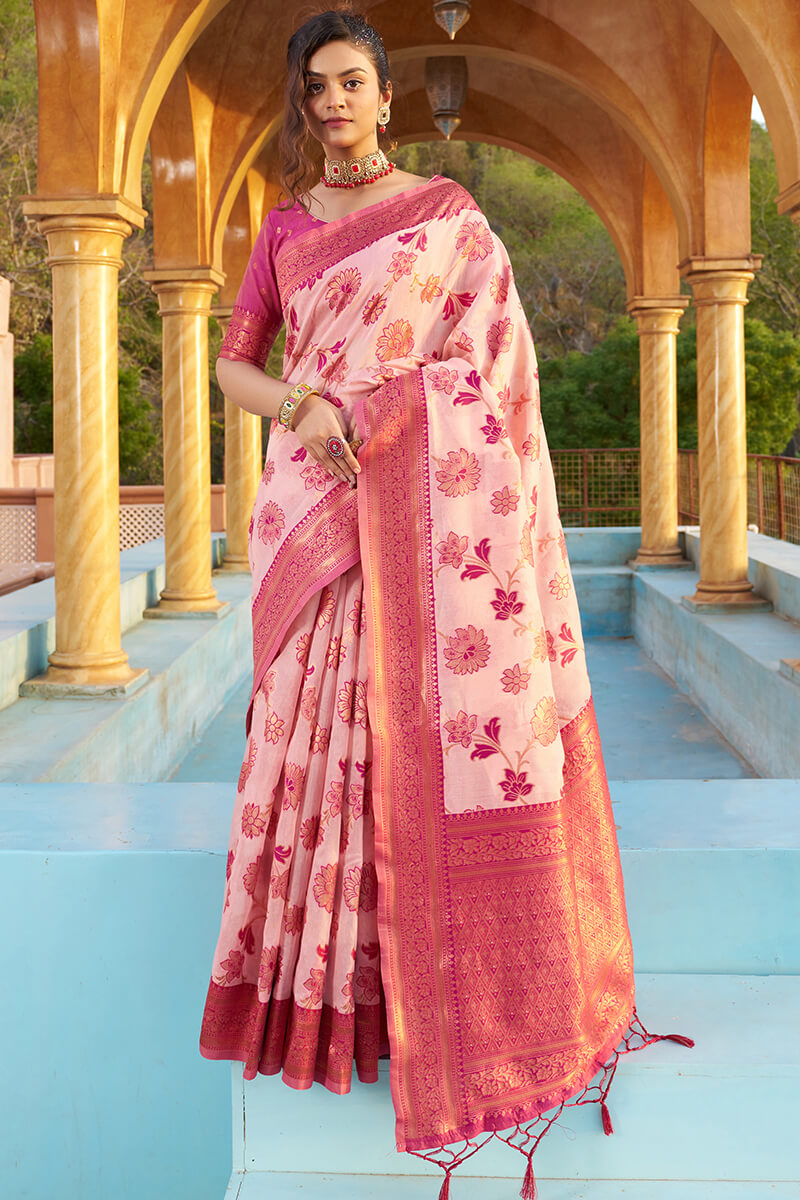 Gratifying Baby Pink Organza Silk Saree With Effervescent Blouse Piece