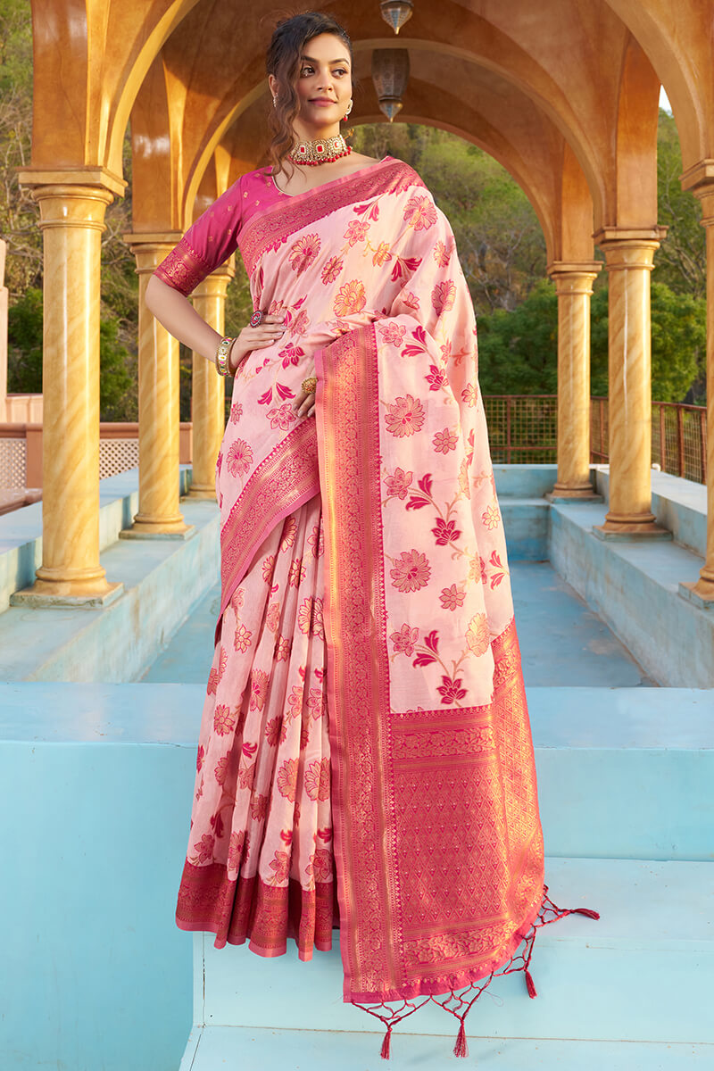 Gratifying Baby Pink Organza Silk Saree With Effervescent Blouse Piece