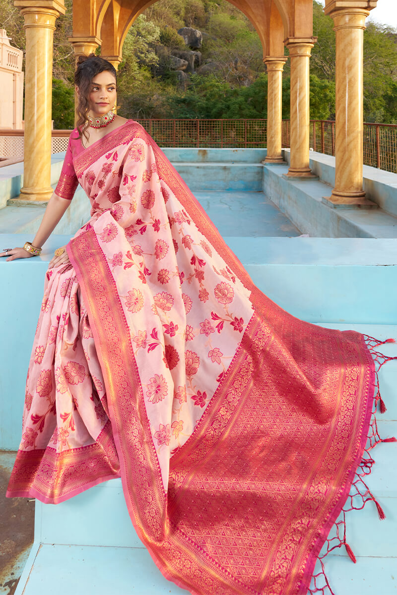 Gratifying Baby Pink Organza Silk Saree With Effervescent Blouse Piece