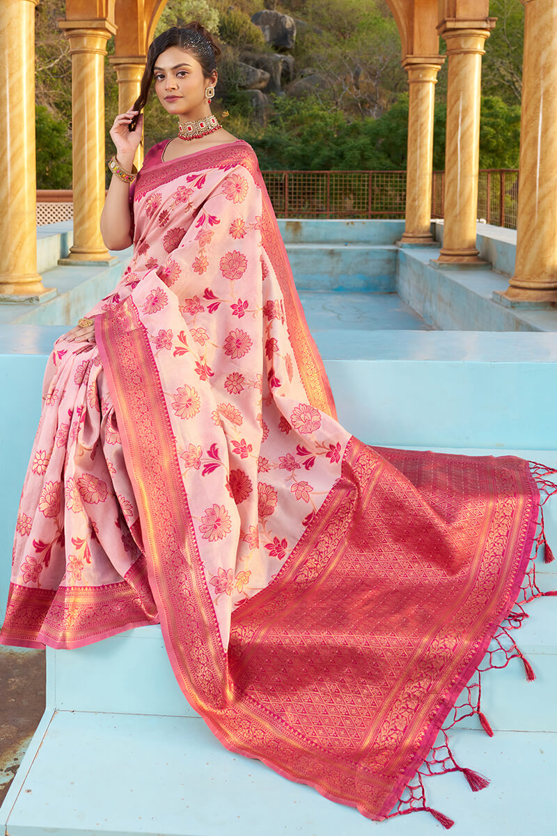 Gratifying Baby Pink Organza Silk Saree With Effervescent Blouse Piece