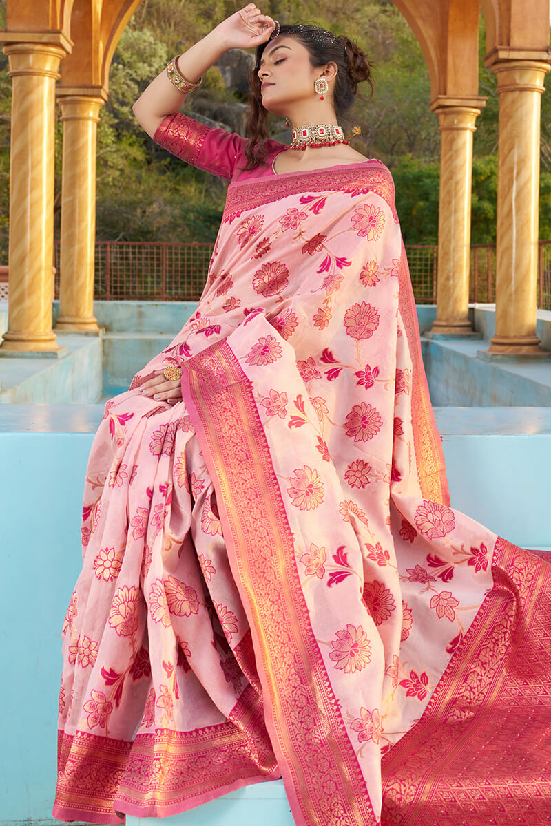 Gratifying Baby Pink Organza Silk Saree With Effervescent Blouse Piece