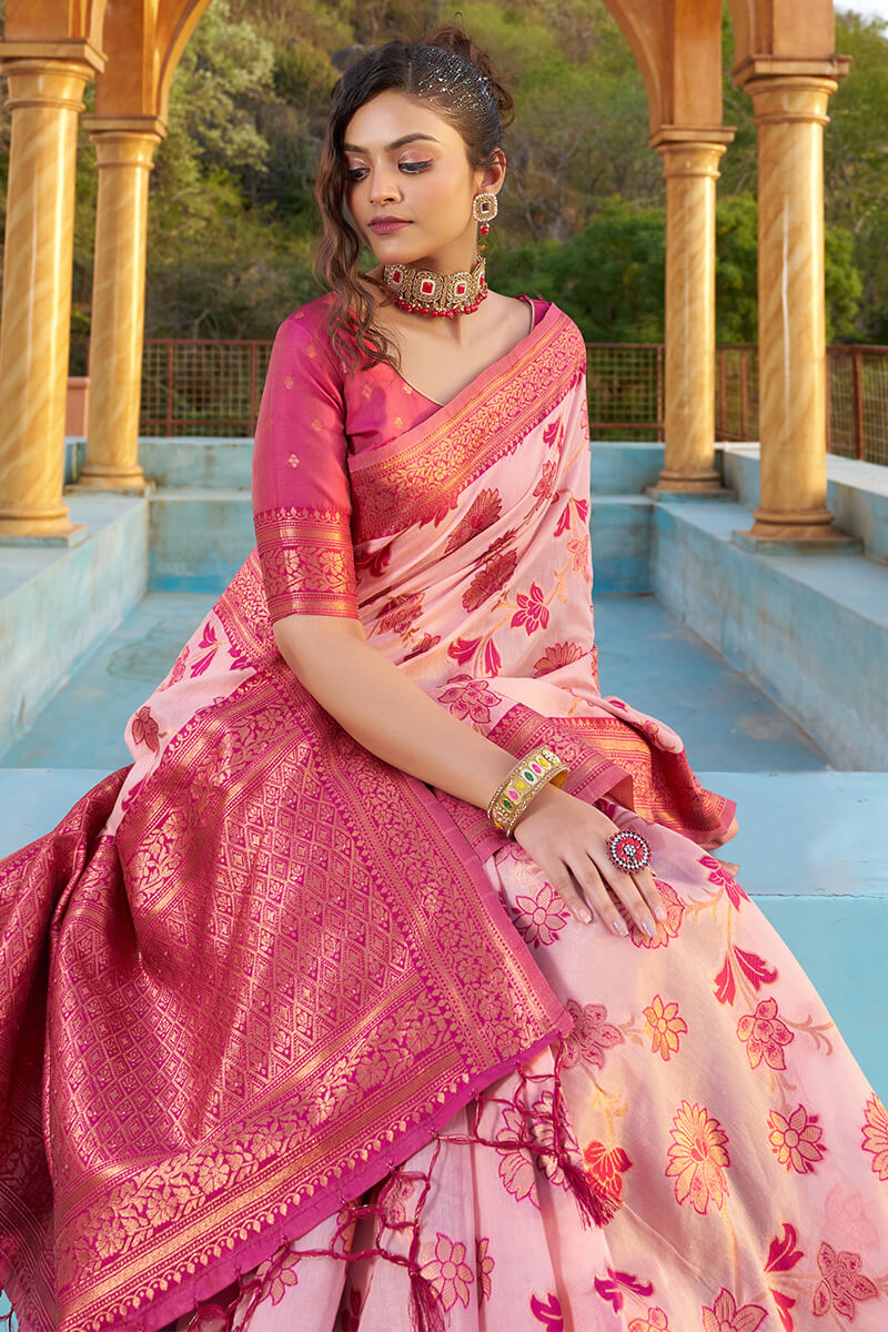 Gratifying Baby Pink Organza Silk Saree With Effervescent Blouse Piece