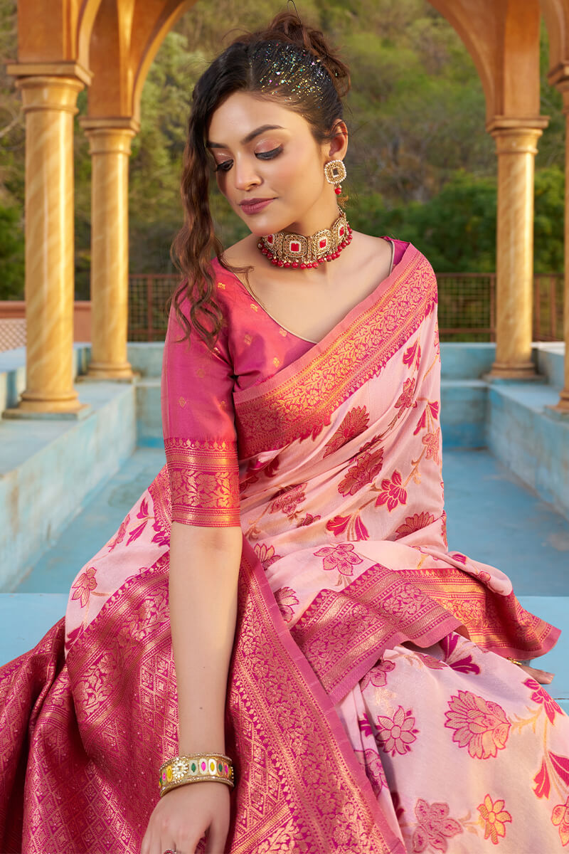 Gratifying Baby Pink Organza Silk Saree With Effervescent Blouse Piece