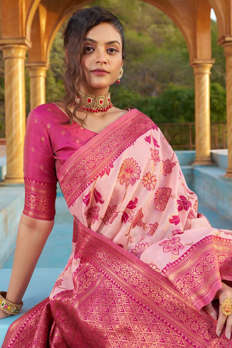 Gratifying Baby Pink Organza Silk Saree With Effervescent Blouse Piece