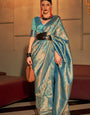 Bewitching Turquoise Kanjivaram Silk Saree With Enigmatic Blouse Piece