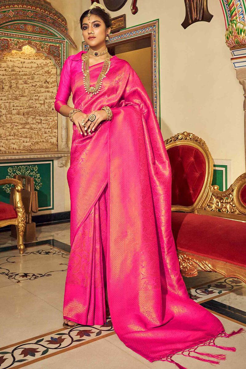 Pleasurable Dark Pink Kanjivaram Silk Saree With Desultory Blouse Piece