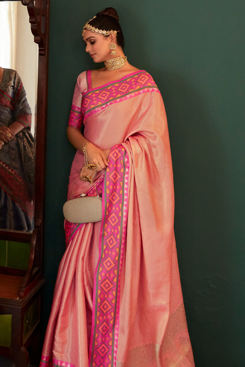 Staggering Light Pink Kanjivaram Silk Saree With Desuetude Blouse Piece