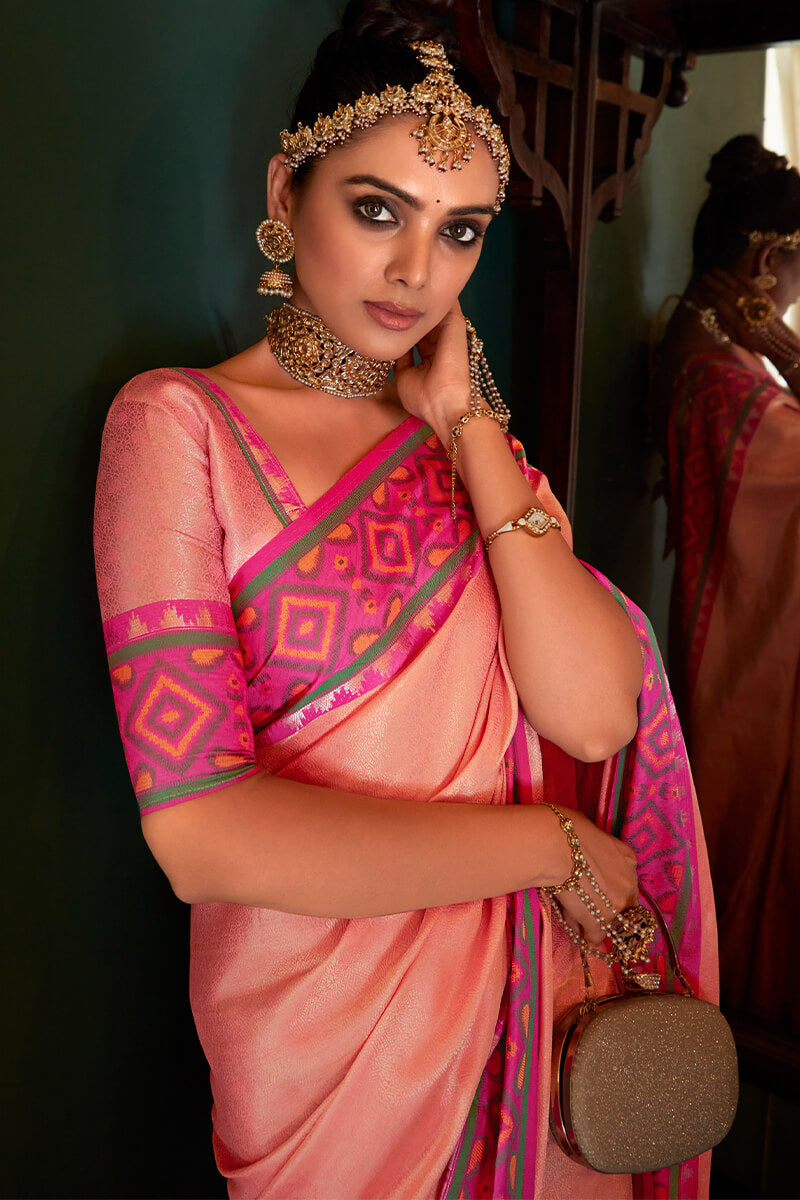 Staggering Light Pink Kanjivaram Silk Saree With Desuetude Blouse Piece