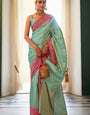 Exquisite Sky Kanjivaram Silk Saree With Supernal Blouse Piece