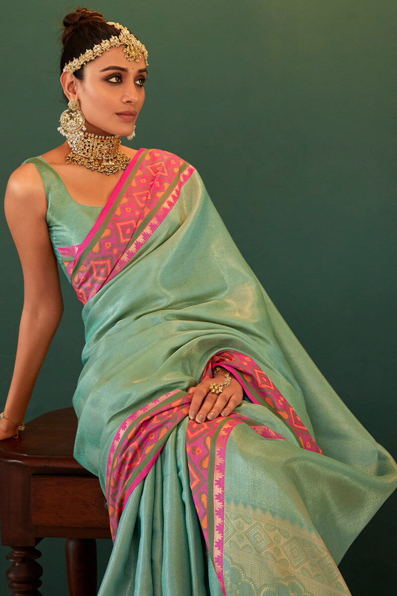 Exquisite Sky Kanjivaram Silk Saree With Supernal Blouse Piece