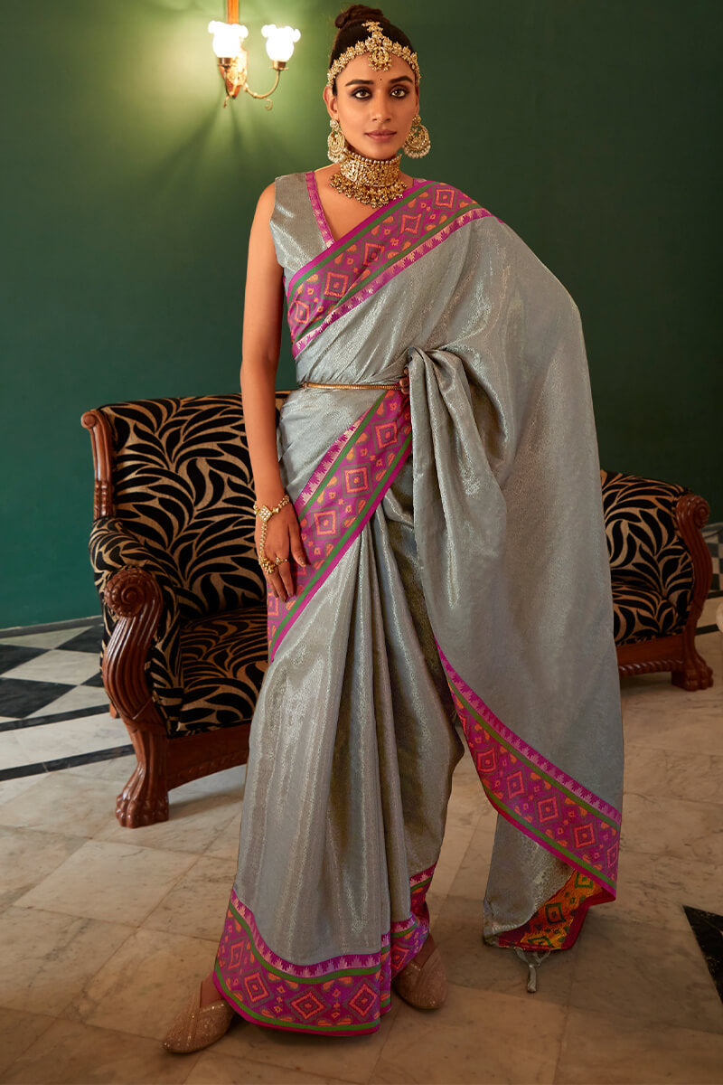 A dreamy Grey Kanjivaram Silk Saree With Prodigal Blouse Piece