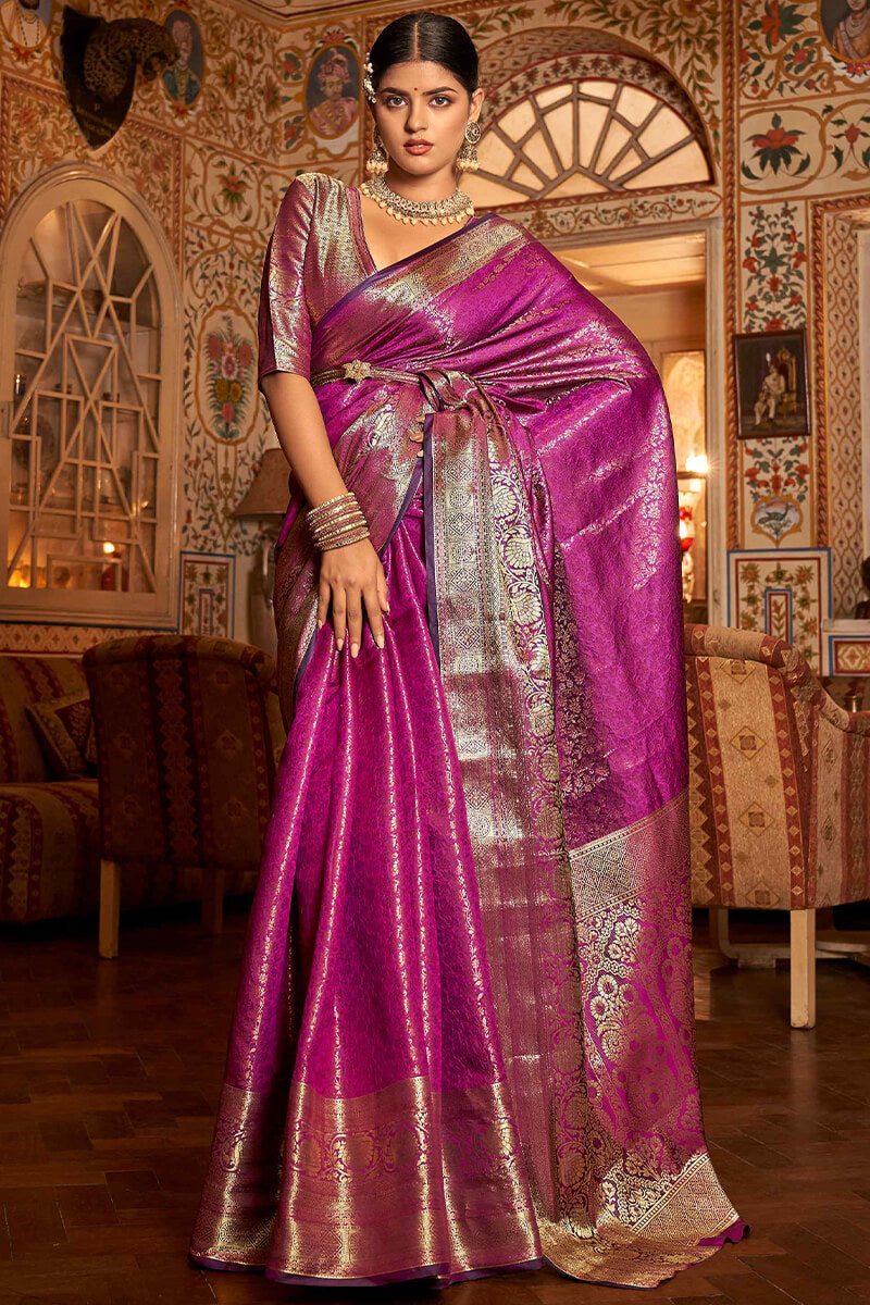 Classic Purple Kanjivaram Silk Saree With Exuberant Blouse Piece