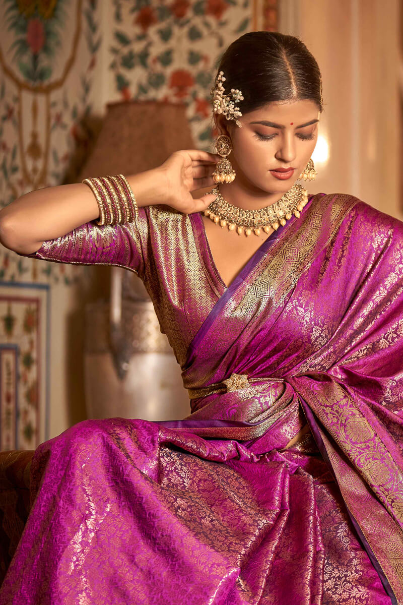 Classic Purple Kanjivaram Silk Saree With Exuberant Blouse Piece