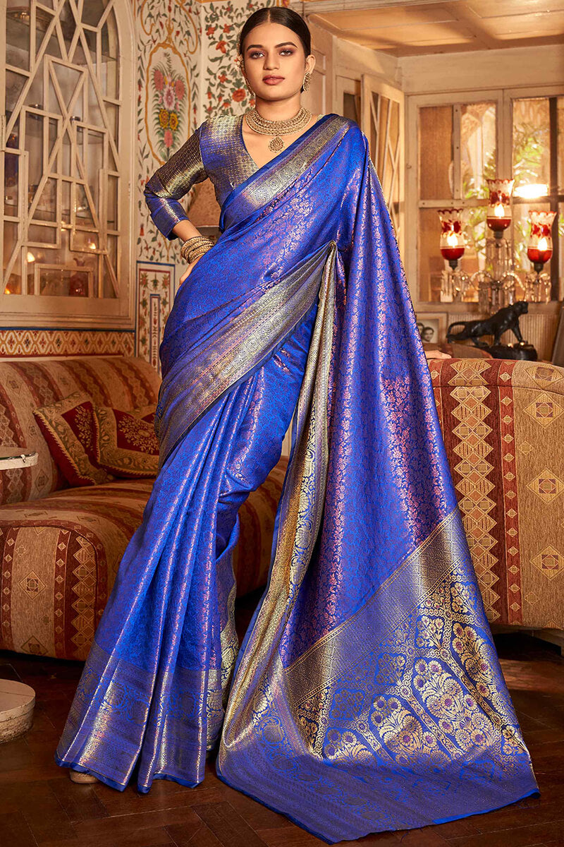 Denouement Royal Blue Kanjivaram Silk Saree With Demure Blouse Piece