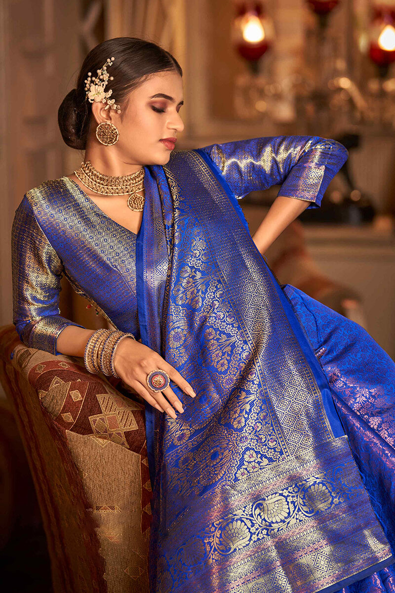 Denouement Royal Blue Kanjivaram Silk Saree With Demure Blouse Piece