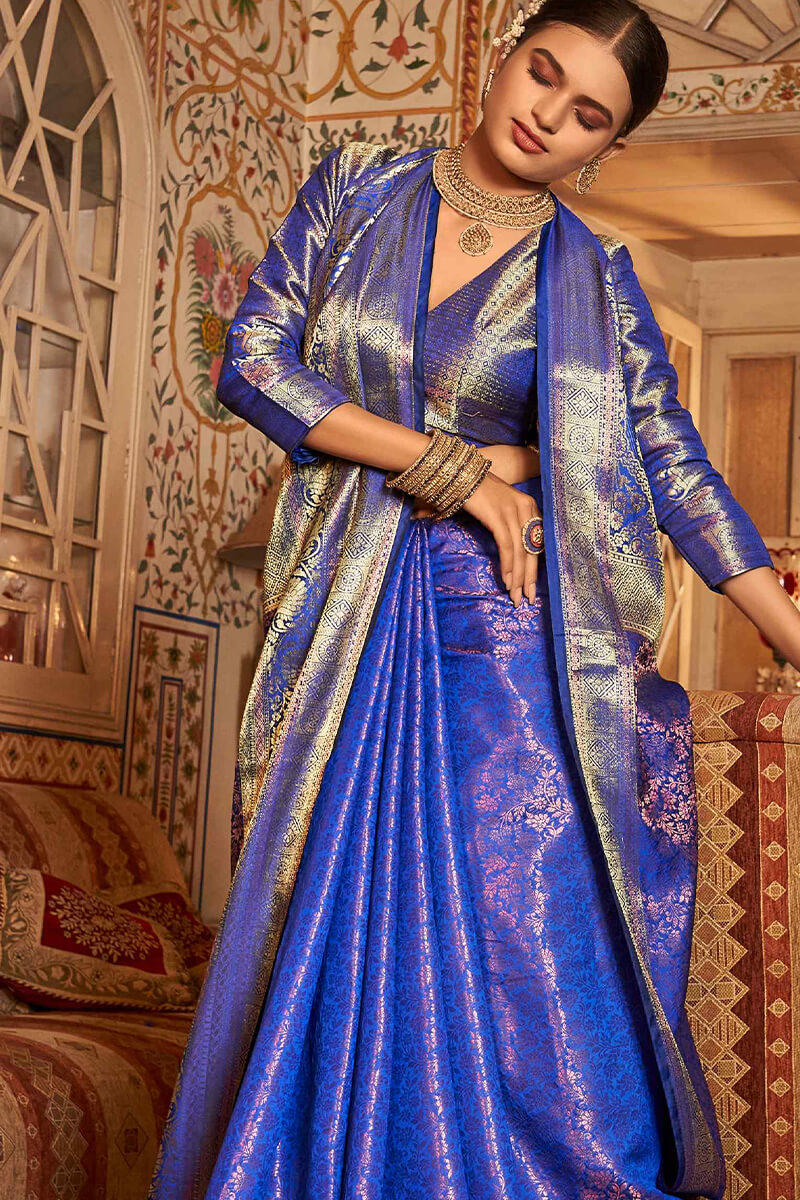 Denouement Royal Blue Kanjivaram Silk Saree With Demure Blouse Piece