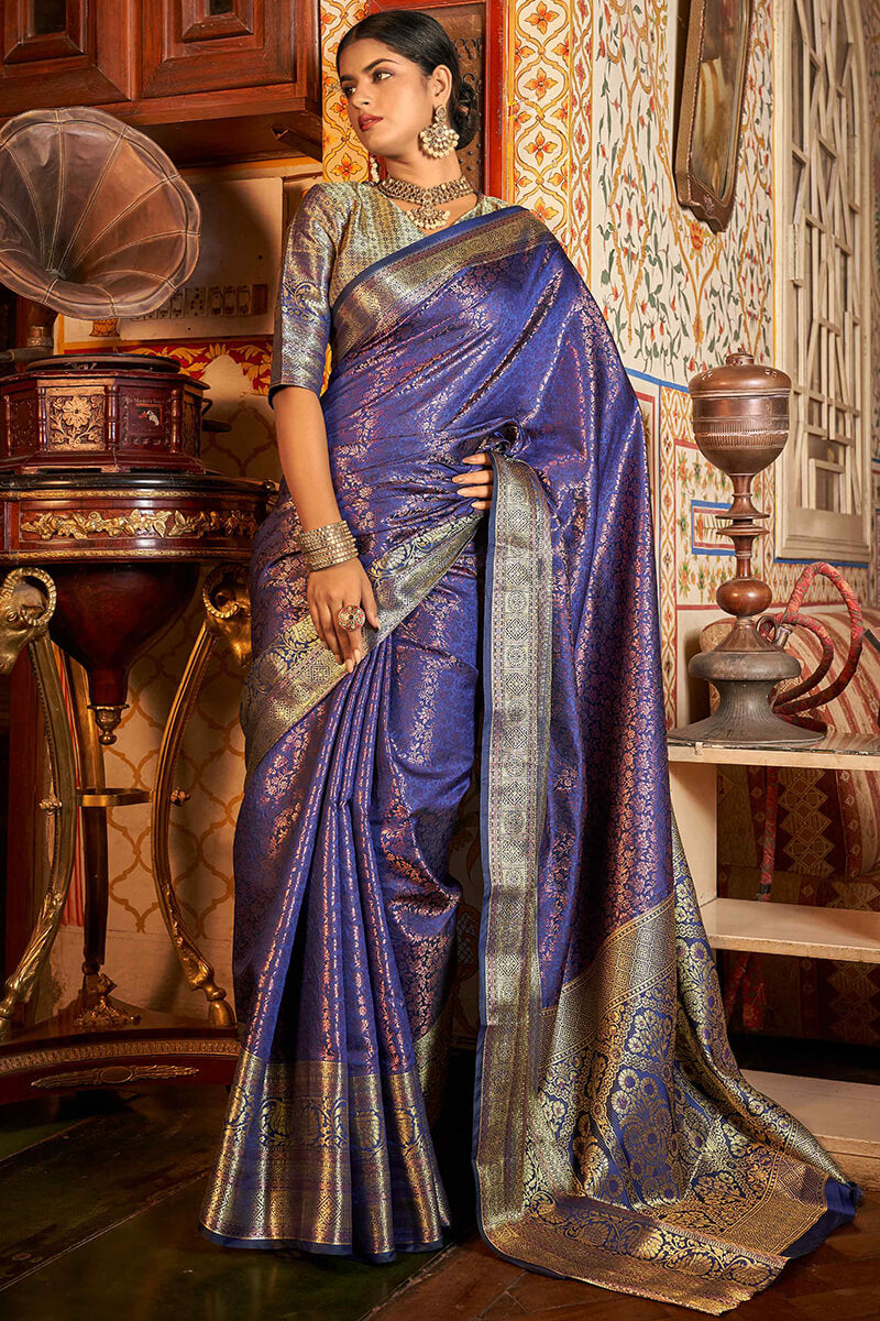 An insanely Blue Kanjivaram Silk Saree With Magnificat Blouse Piece