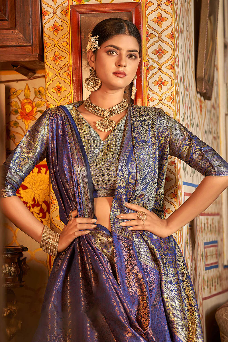 An insanely Blue Kanjivaram Silk Saree With Magnificat Blouse Piece