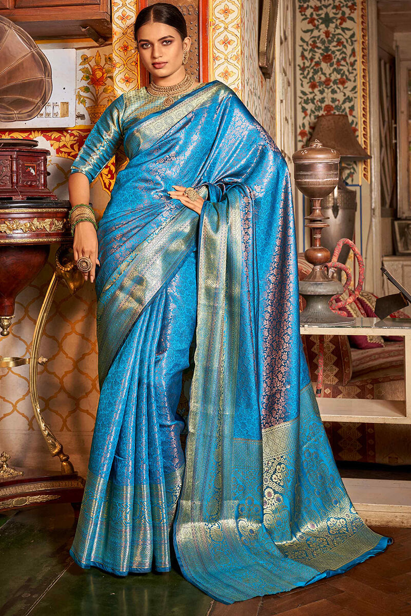 Most Flattering Firozi Kanjivaram Silk Saree With Splendorous Blouse Piece