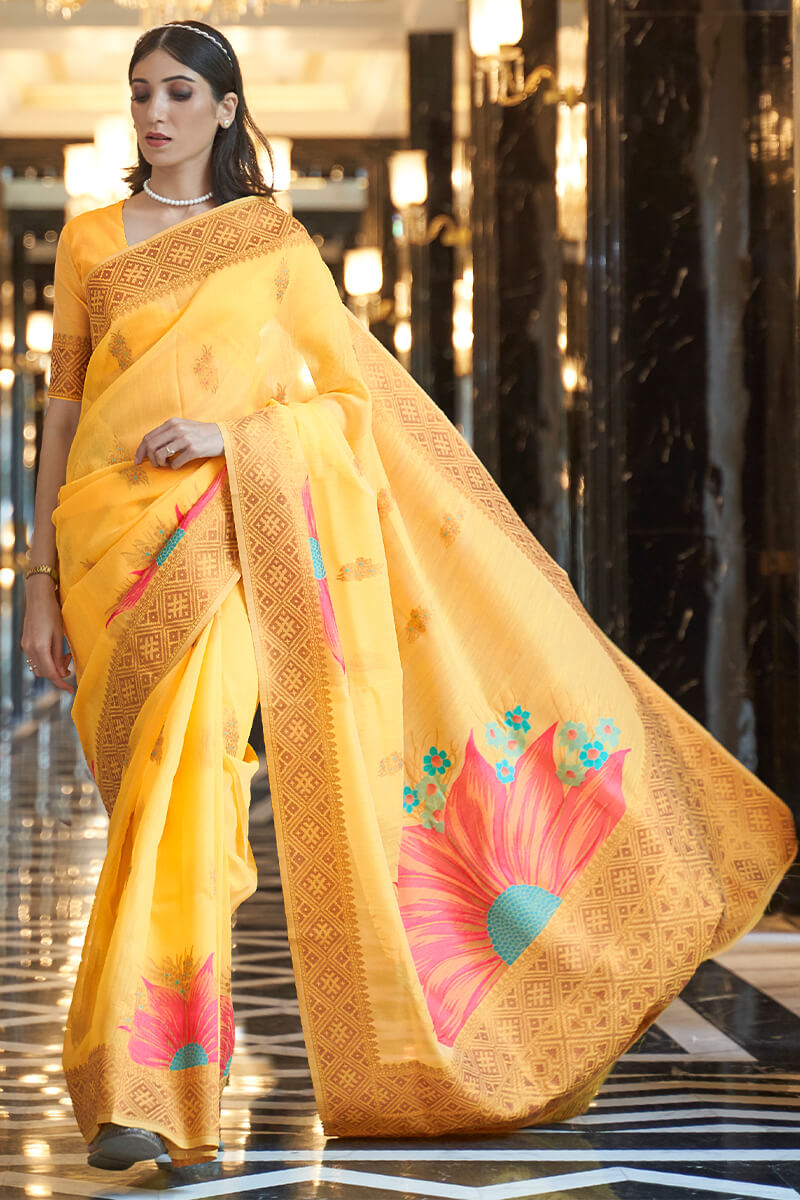 Inspiring Yellow Cotton Silk Saree With Imaginative Blouse Piece