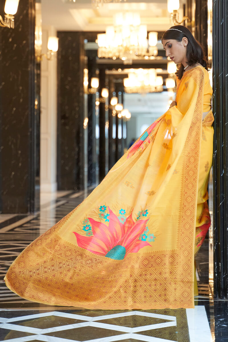 Inspiring Yellow Cotton Silk Saree With Imaginative Blouse Piece