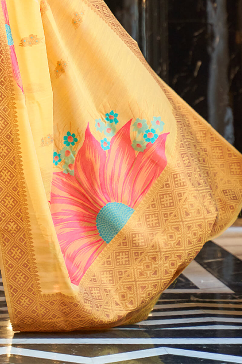 Inspiring Yellow Cotton Silk Saree With Imaginative Blouse Piece