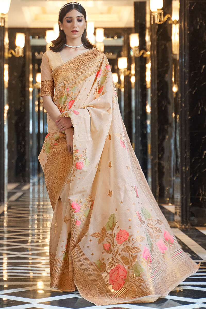 Twirling Beige Cotton Silk Saree With Tempting Blouse Piece