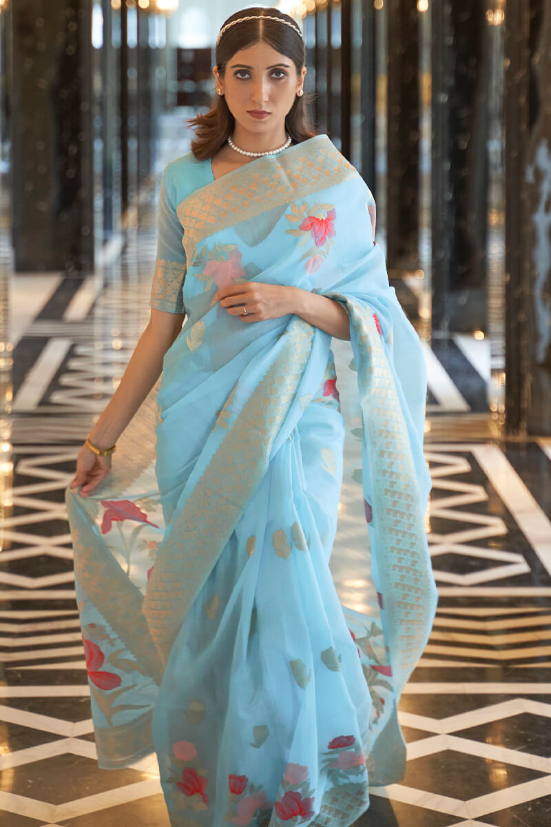 Most Stunning Sky Cotton Silk Saree With Snappy Blouse Piece