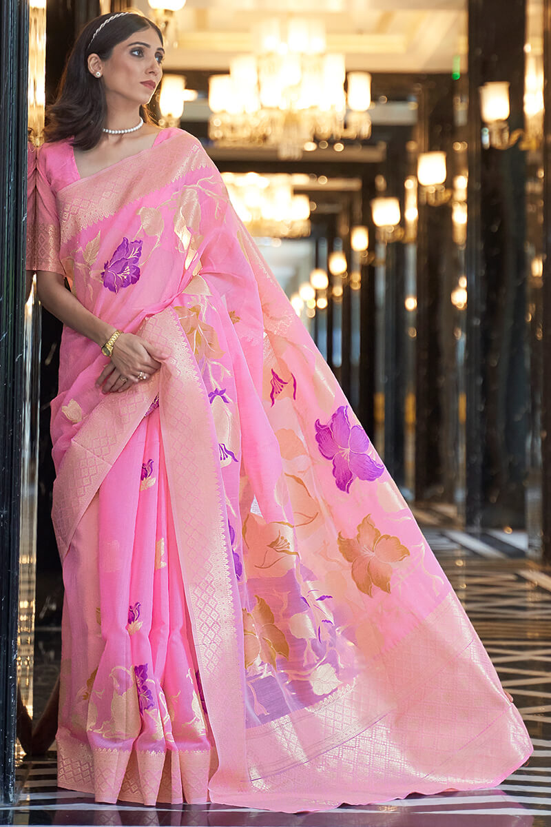 Prettiest Pink Cotton Silk Saree With Fantabulous Blouse Piece