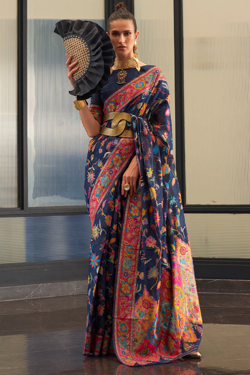 Serendipity Navy Blue Cotton Silk Saree With Ailurophile Blouse Piece