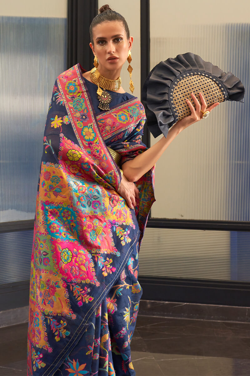 Serendipity Navy Blue Cotton Silk Saree With Ailurophile Blouse Piece