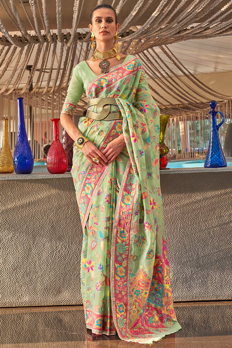 Glorious Pista Cotton Silk Saree With Enchanting Blouse Piece