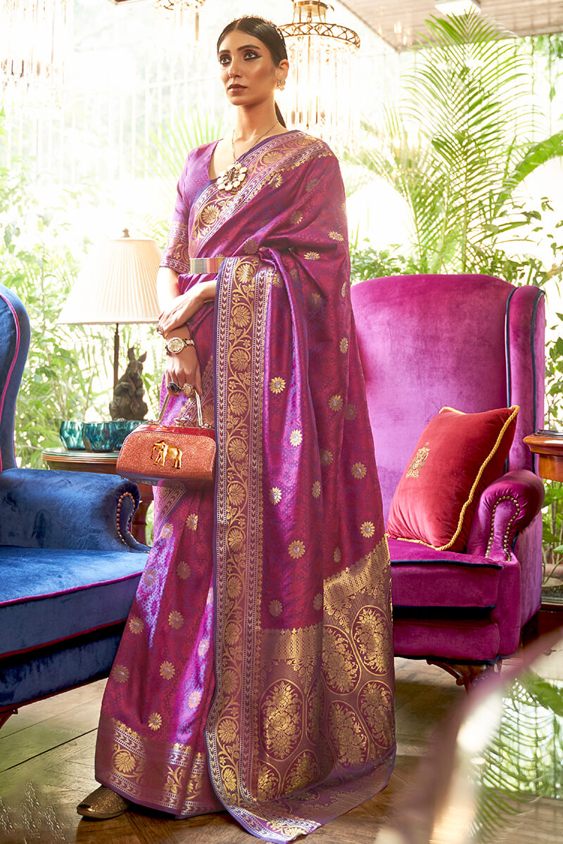 Groovy Purple Kanjivaram Silk Saree With Engaging Blouse Piece