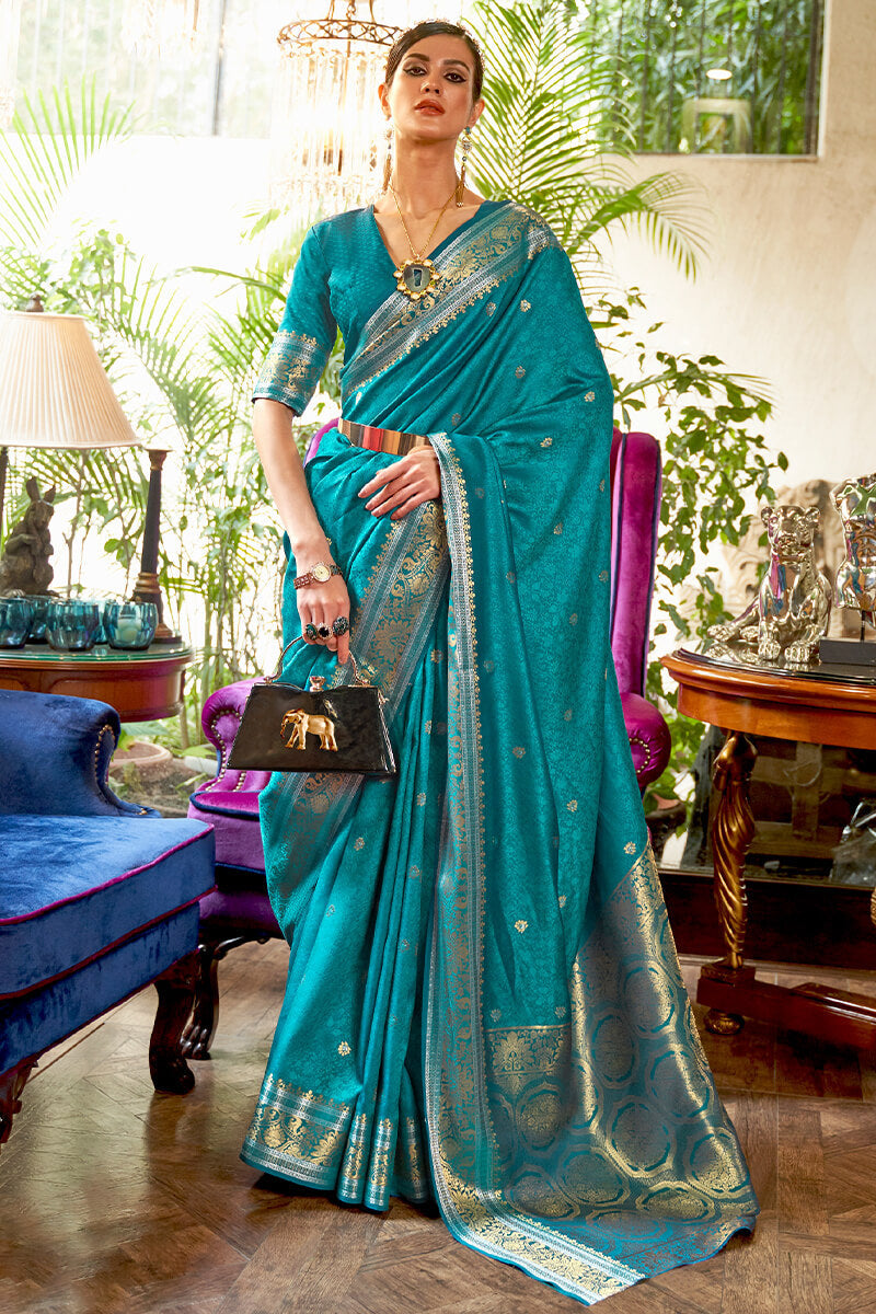 Radiant Firozi Kanjivaram Silk Saree With Pleasurable Blouse Piece