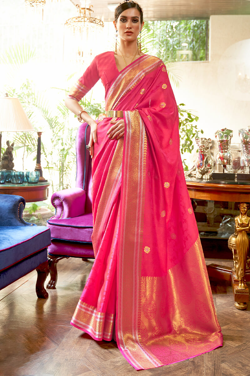 Sempiternal Dark Pink Kanjivaram Silk Saree With Enticing Blouse Piece