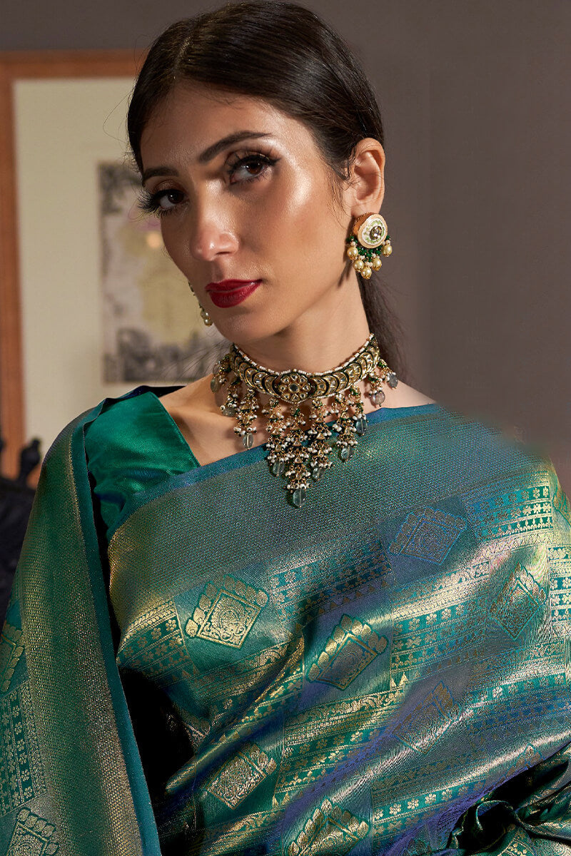 Intricate Rama Kanjivaram Silk Saree With Quintessential Blouse Piece